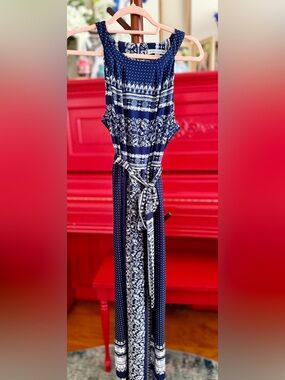 Danny & Nicole Navy and White Patterned Belted Maxi Dress
